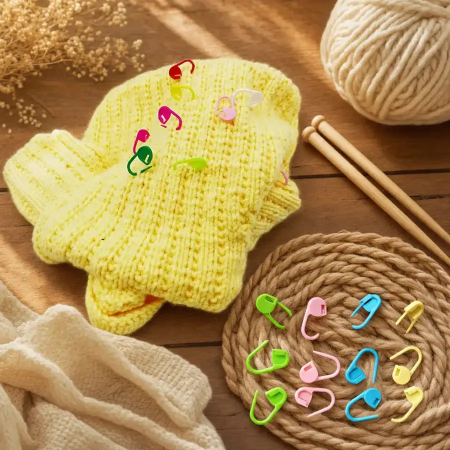 Yellow knitted mitt with locking stitch markers, yarn ball and wooden needles on a warm table